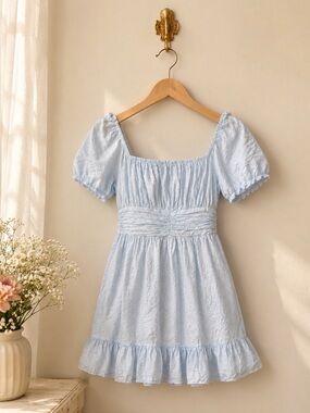 Vintage Inspired Baby Blue Mini Dress Cottagecore Open Back